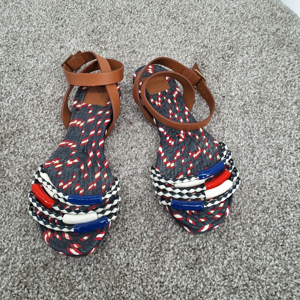 Tory Burch Sz 7 Navy and Red Braided Sandals